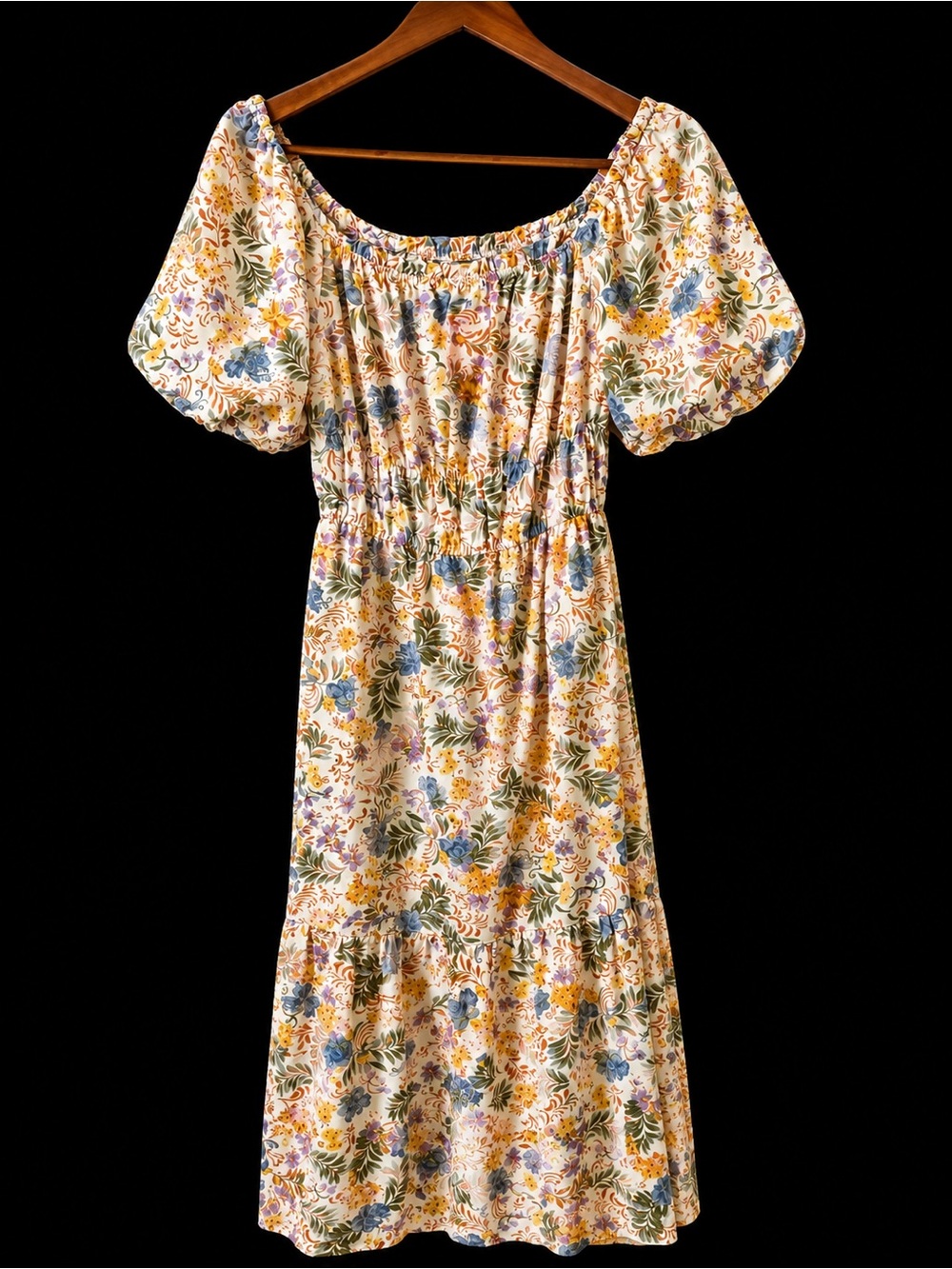 Japna Floral Puff Sleeve Smocked Midi Dress Cottagecore Size S